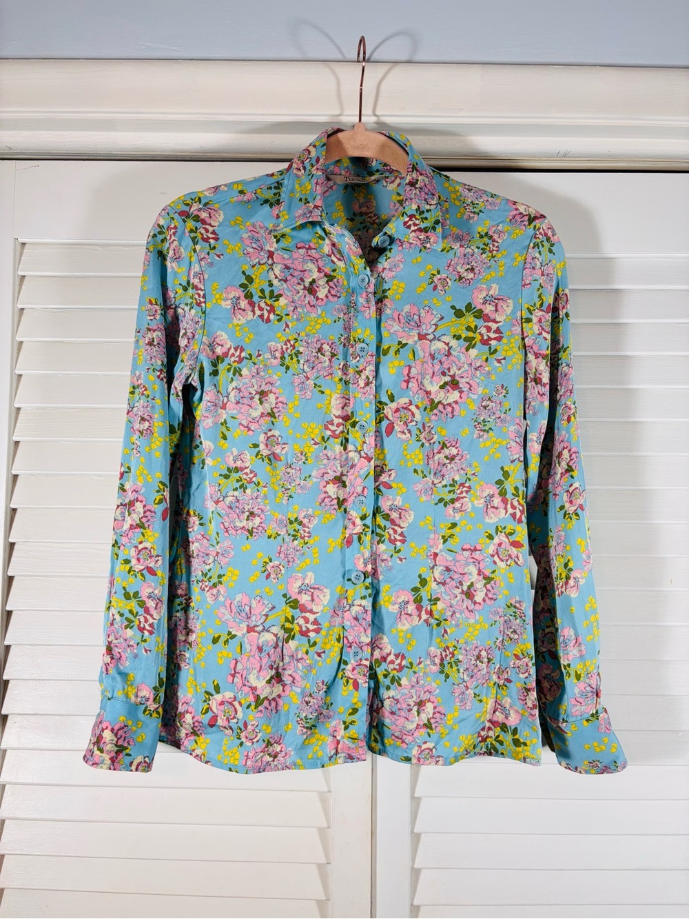 Tucker Silk Blend Floral Button Up Blouse Petite P Light Blue